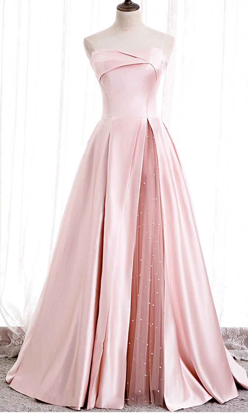 Pink Strapless Satin and Tulle Splice Prom Ball Gowns